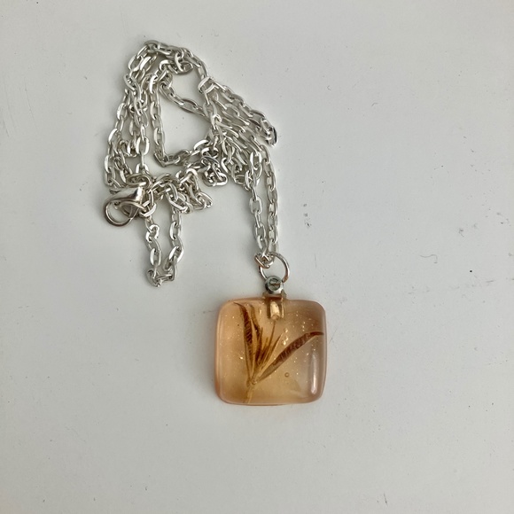 Botanical Lemon Verbena Resin Pendant Necklace on Silver Tone Chain - Picture 5 of 6